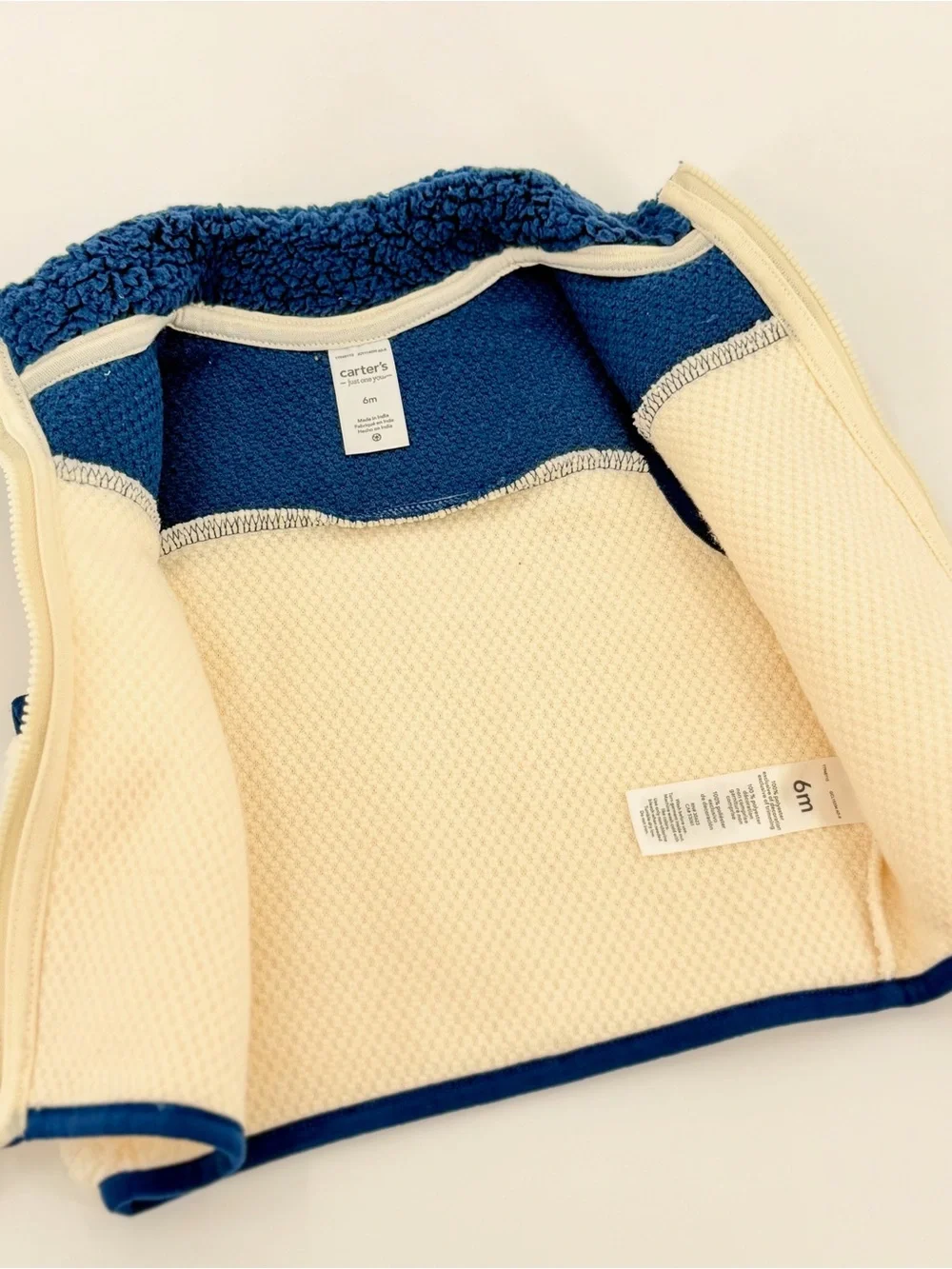 Carter’s Baby Sherpa Fleece Vest 6M Cream Blue Colorblock Full Zip